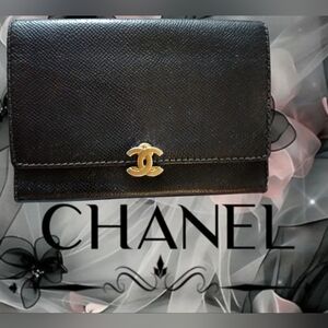 Authentic Chanel Black Leather Wallet with Gold Logo
